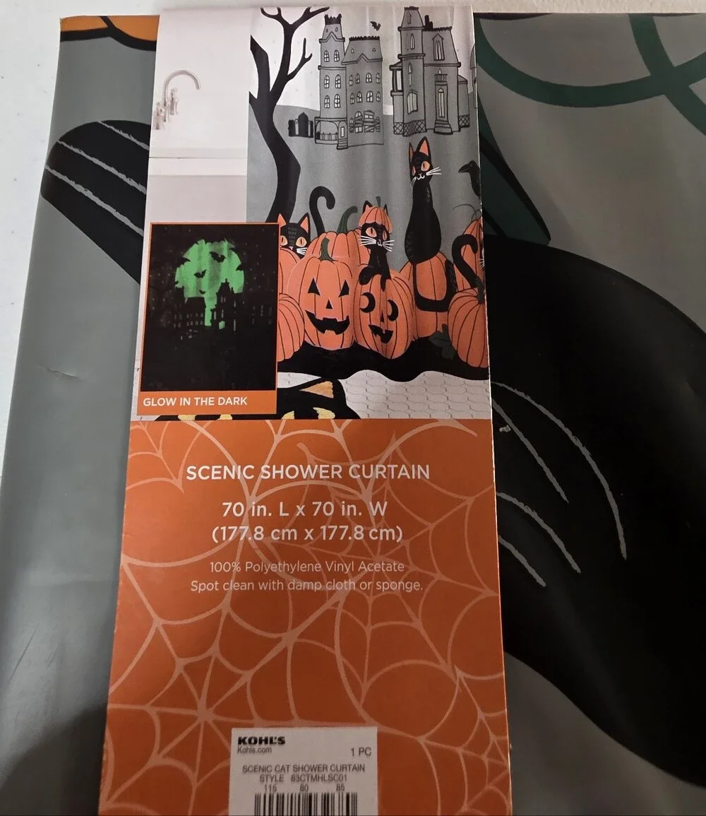 Celebrate Halloween Together Orange Black Scenic Cat Shower Curtain Glow In Dark
